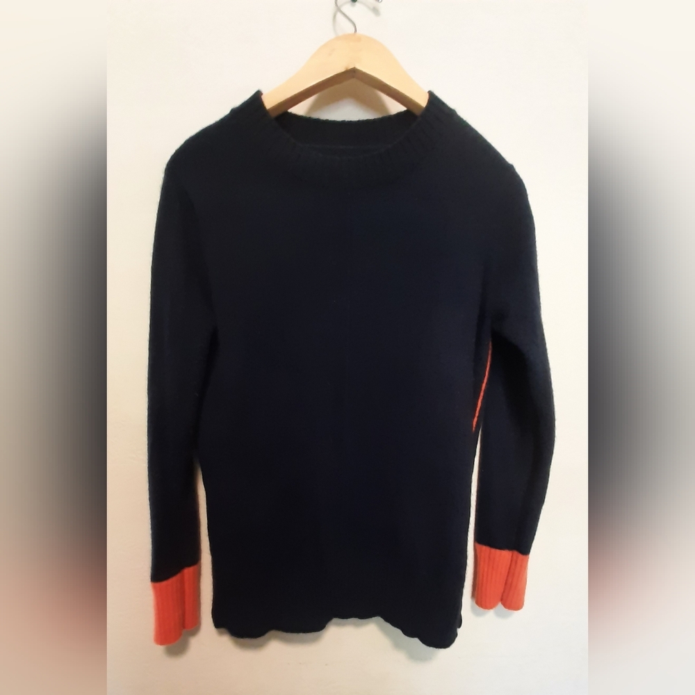 Women's Navy Crewneck Sweater with Orange Cuff Detail